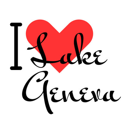 I love Lake Geneva, city of United States. Hand drawn letters with red heart. Vector illustration lettering, modern design for print t shirt, banner, poster, sticker or label.のイラスト素材