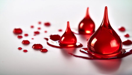 Close up image of blood drops on a white surface, symbolizing health, life, and medicine.の素材