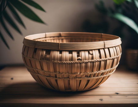 Close-up illustration of a bamboo basket, emphasizing its natural material and craftsmanship. Ideal for themes related to sustainable living, home organization, and eco-friendly products.の素材