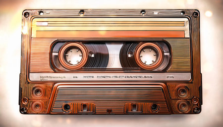 Close-up illustration of an old audio tape compact cassette, highlighting its retro design and nostalgic appeal. Ideal for discussions on vintage technology, audio history, and retro aesthetics.の素材