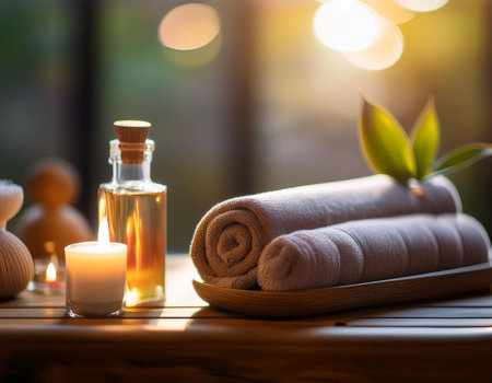 A practitioner performs a soothing therapeutic massage on a client in a tranquil spa setting. The ambiance is serene, enhanced by soft lighting and gentle music, promoting relaxation and well-being.の素材