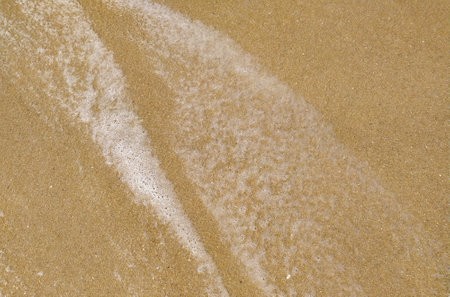 As sunlight begins to rise, gentle waves wash onto the sandy shore, creating a beautiful contrast with the glimmering water and sandy texture.の写真素材