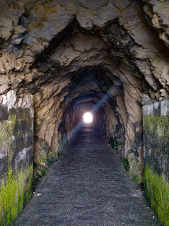 A serene stone tunnel invites visitors to explore its dark passage as bright light shines at the far end, framed by natural surroundings on a hillside.の写真素材