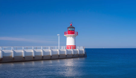 A red and white lighthouse stands proudly atop a sturdy pier, overlooking the surrounding water.の素材