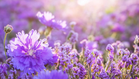 A vibrant purple flower stands out in the midst of a green field, surrounded by grass and under a clear blue sky on a sunny day.の素材