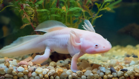 An albino axolotl swims through an aquarium tank. The axolotl is white with a pink tinge and has feathery gills. It swims over a bed of gravel and rocks with green plants.の素材