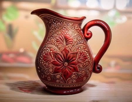 Close-up illustration of a ceramic jug, focusing on its intricate patterns, smooth glaze, and functional design. Ideal for themes related to kitchenware, home decor, and artisanal craftsmanship.の素材