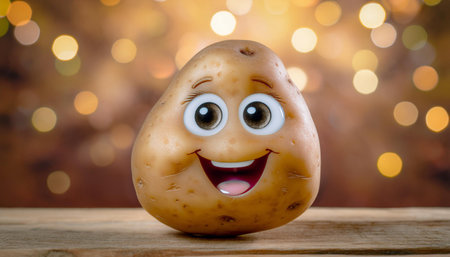 A single potato with a painted-on face, featuring big eyes and a wide smile, is positioned in the foreground of the image. The potato appears to be looking to the right of the frame. The background is a blurred out bokeh effect of warm, golden lights.の素材