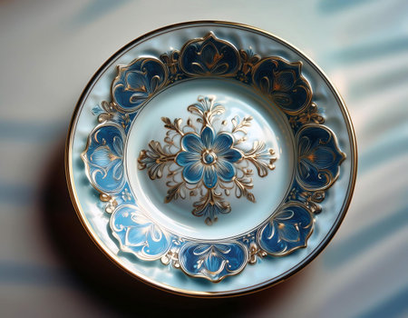 Close-up illustration of a delicate porcelain plate, emphasizing its intricate patterns and smooth finish. Ideal for themes related to dining, tableware, and fine China.の素材