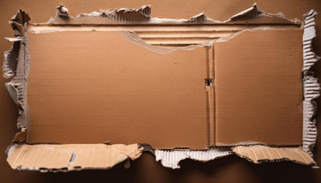 A horizontal image of a torn and damaged cardboard document with a textured, rough surface and a ripped edge. The cut-out space provides a clear area for messages or labels, showing the raw, rugged appearance of the paper.の素材