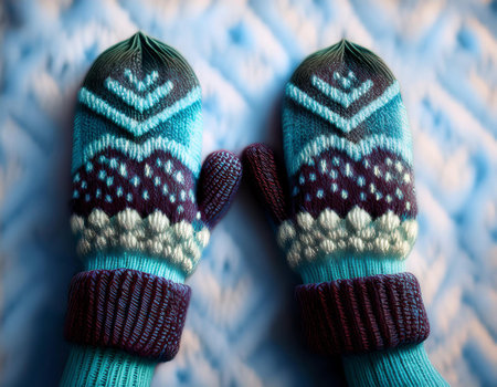 Close-up illustration of cozy wool mittens, highlighting their texture and warmth. Ideal for themes related to winter apparel, comfort, and knitwear.の素材