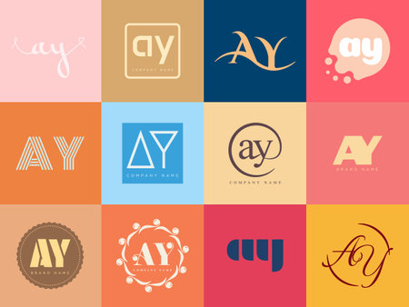 AY logo company template. Letter a and y logotype. Set different classic serif lettering and modern bold text with design elements. Initial font typography. Collection trendy business identity.のイラスト素材