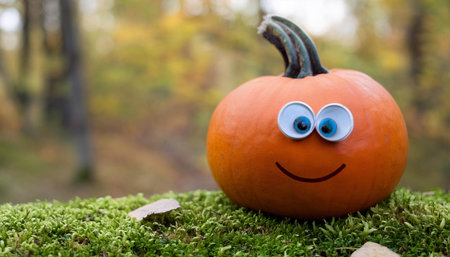 A single pumpkin with a painted smiley face and large googly eyes rests on a bed of green moss in front of a blurred background of autumn foliage. The pumpkin is bright orange and the background is a muted yellow.の素材
