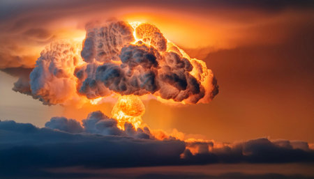 A powerful mushroom cloud rises majestically against a darkening sky, illuminated by fiery oranges and vibrant yellows. Surrounding clouds swirl dramatically, creating a stunning yet ominous backdrop for this explosive phenomenon.の素材