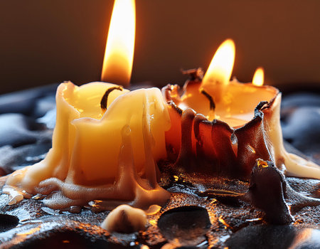 A close-up image of melted burnt candles, focusing on their wax remnants and the effects of burning, capturing the texture and residue of used candles.の素材