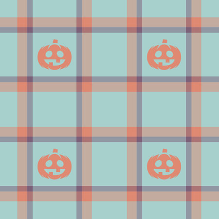 Halloween vector pattern featuring a plaid check design with pumpkins, spooky ghosts, and scary ornaments. This repeating autumn background is perfect for textile, fabric, and material prints, adding a touch of fear to party decor, greeting cards, posters, or tiled wallpapers with a unique seasonal style.のイラスト素材