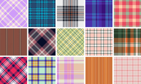 Plaid patterns with colorful checks and stripes, great for textile designs, fabric, shirts, or...