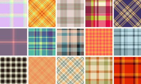 A plaid collection with rustic checks and gingham patterns, great for textile, fabric, and shirt designs. These geometric patterns are perfect for wallpaper and clothing inspired by British fashion.のイラスト素材