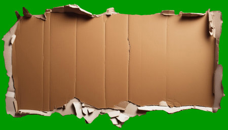 A horizontal image of a torn and damaged cardboard document with a textured, rough surface and a ripped edge. The cut-out space provides a clear area for messages or labels, showing the raw, rugged appearance of the paper.の素材