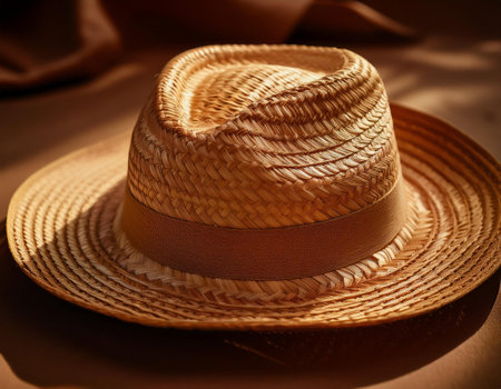 Close-up image of a straw hat showing its natural weaving patterns, symbolizing summer, style, and sun protection.の素材