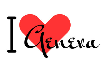 I love Geneva, city of Switzerland. Hand drawn letters with red heart. Vector illustration lettering, modern design for print t shirt, banner, poster, sticker or label.のイラスト素材