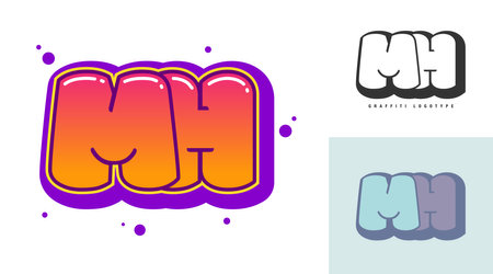 MH logo design for festival or party. Initial letter m and h in graffiti style. Creative modern lettering company name of font typography. Kids trendy logotype or identity. Vector illustration.のイラスト素材