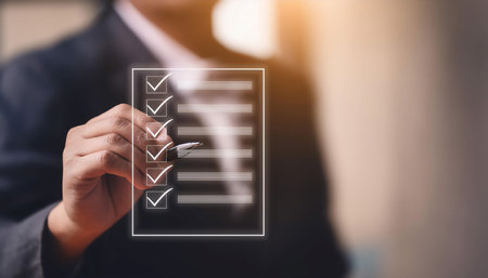 Illustration depicting the concept of using and completing a checklist, featuring elements like checkmarks, lists, and completed tasks, symbolizing organization, task management, and productivity. Ideal for topics related to project management, organization, and productivity.の素材