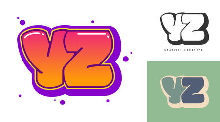 YZ logo design for festival or party. Initial letter y and z in graffiti style. Creative modern lettering company name of font typography. Kids trendy logotype or identity. Vector illustration.のイラスト素材