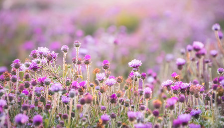 A detailed view of vibrant purple flowers growing in a field, showing the delicate petals and rich color against the green foliage.の素材