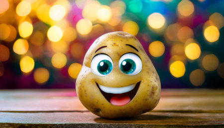 A single potato with a painted-on face, featuring big eyes and a wide smile, is positioned in the foreground of the image. The potato appears to be looking to the right of the frame. The background is a blurred out bokeh effect of warm, golden lights.の素材