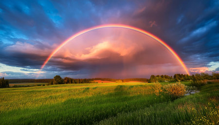 A vibrant image of colorful clouds and a rainbow in the sky after rain, capturing the beauty and freshness of the natural world.の素材