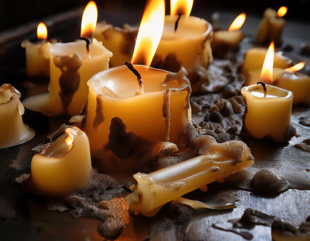 A close-up image of melted burnt candles, focusing on their wax remnants and the effects of burning, capturing the texture and residue of used candles.の素材