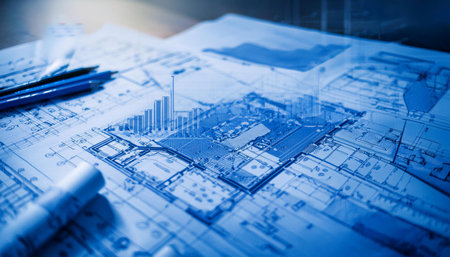 Close up of blueprint and diagrams representing planning and strategy, ideal for topics related to business, organization, and project management.の素材
