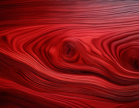 Close-up illustration of a rich red wood texture, highlighting its detailed grain patterns and vibrant color. Ideal for themes related to natural materials, woodworking, and interior design.の素材