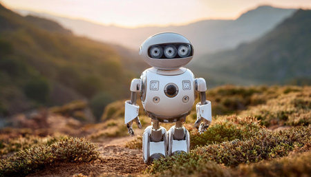 An image of a futuristic robot wandering through a natural wilderness, blending technology with untamed landscapes.の素材