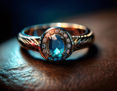 Close-up illustration of a beautiful stone ring, focusing on its intricate design and gemstone. Perfect for themes related to jewelry, elegance, and luxury.の素材