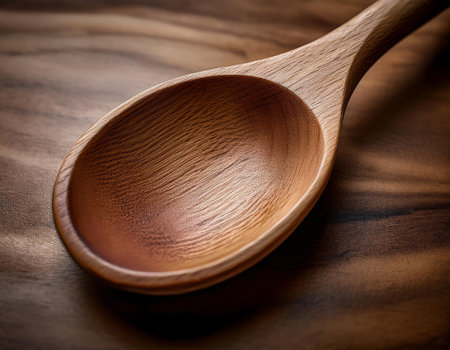 Close-up image of a wooden spoon showing its natural texture, symbolizing cooking, kitchen tools, and traditional culinary practices.の素材