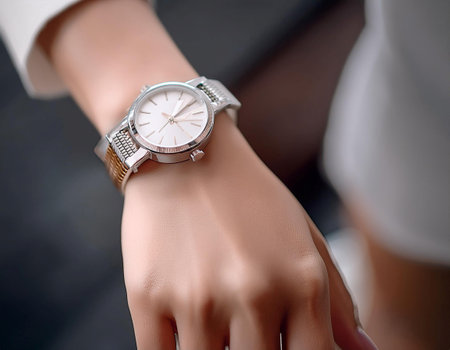 Close up image of a luxury watch on a wrist, symbolizing time, elegance, and high end accessories.の素材