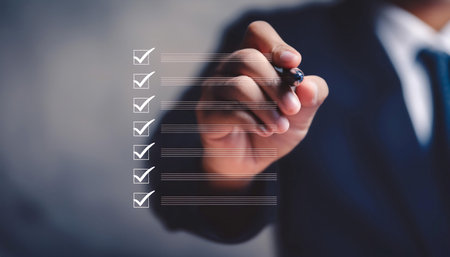 Illustration depicting the concept of using and completing a checklist, featuring elements like checkmarks, lists, and completed tasks, symbolizing organization, task management, and productivity. Ideal for topics related to project management, organization, and productivity.の素材