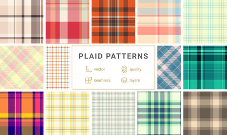 Classic plaid patterns featuring a mix of checkered designs and colorful stripes. Ideal for textile...