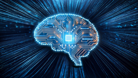 A detailed circuit board displays a glowing brain symbol, representing the integration of artificial intelligence into technology. The intricate connections and components highlight advancements in AI, showcasing innovation in a contemporary environment.の素材