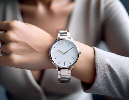 Close up image of a luxury watch on a wrist, symbolizing time, elegance, and high end accessories.の素材