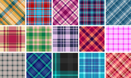 A plaid pattern collection with geometric checks and striped designs, ideal for textile and fabric...