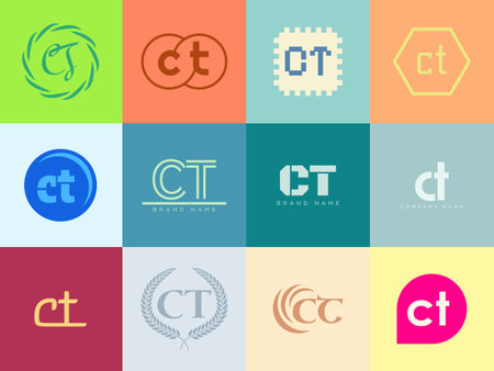 CT logo company template. Letter c and t logotype. Set different classic serif lettering and modern bold text with design elements. Initial font typography. Collection trendy business identity.のイラスト素材