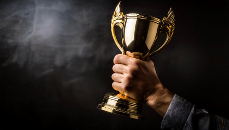 Close up image of a persons hand holding a trophy, symbolizing achievement, perseverance, and success.の素材