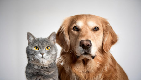 A golden retriever stands proudly next to a gray cat, both displaying friendly expressions. The golden retriever has a shiny coat and a friendly demeanor, while the gray cat looks calm and poised. They are positioned in front of a neutral backdrop, showcasing their companionship.の素材