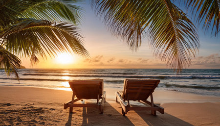 Soft golden sunlight filters through palm leaves as two wooden lounge chairs sit on the warm sand. Gentle waves lap at the shore, creating a peaceful atmosphere perfect for relaxation. The vibrant sky reflects hues of orange and blue, enhancing the serene beach vibe.の素材