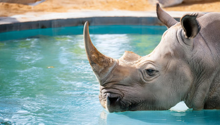 This image shows a large gray rhinoceros relaxing in a pool of water at a zoo on a sunny day. The rhinoceros is lying on its side with its head submerged in the water. The water is clear and reflects the sunlight. There are green plants growing around the pool. The rhinoceros is a large and powerful animal, but it looks peaceful and relaxed in the water.の素材
