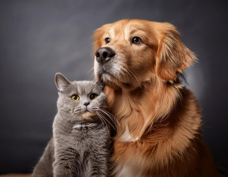 A golden retriever stands proudly next to a gray cat, both displaying friendly expressions. The golden retriever has a shiny coat and a friendly demeanor, while the gray cat looks calm and poised. They are positioned in front of a neutral backdrop, showcasing their companionship.の素材
