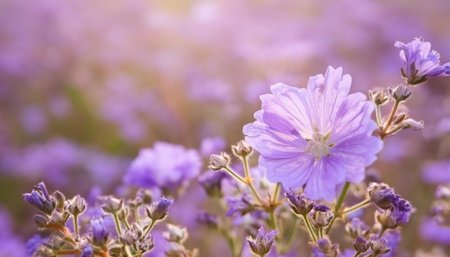 A vibrant purple flower stands out in the midst of a green field, surrounded by grass and under a clear blue sky on a sunny day.の素材